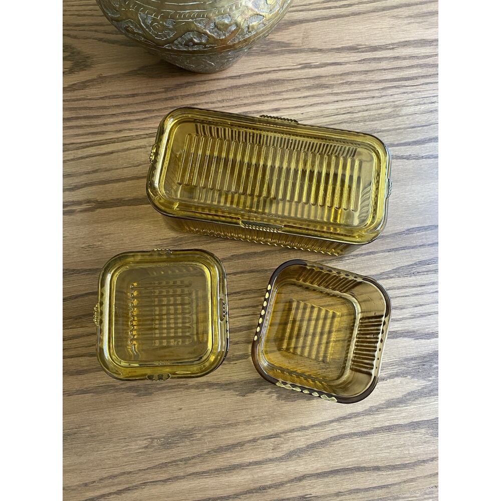 Vintage 1930s Federal Glass Amber Ribbed Refrigerator Dish Set Depression Glass